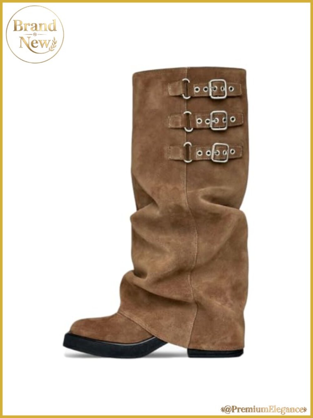 Knee High Boots Women Slouchy Fold Over Tall Motorcycle Hidden Zipper Buckle